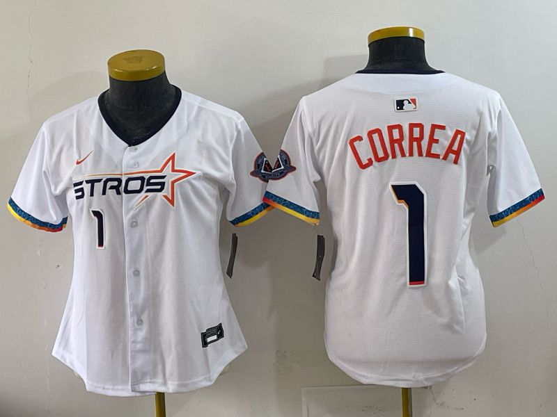 Women 2025 Houston Astros #1 Correa White Four generations Joint Name Nike MLB Jersey style 05